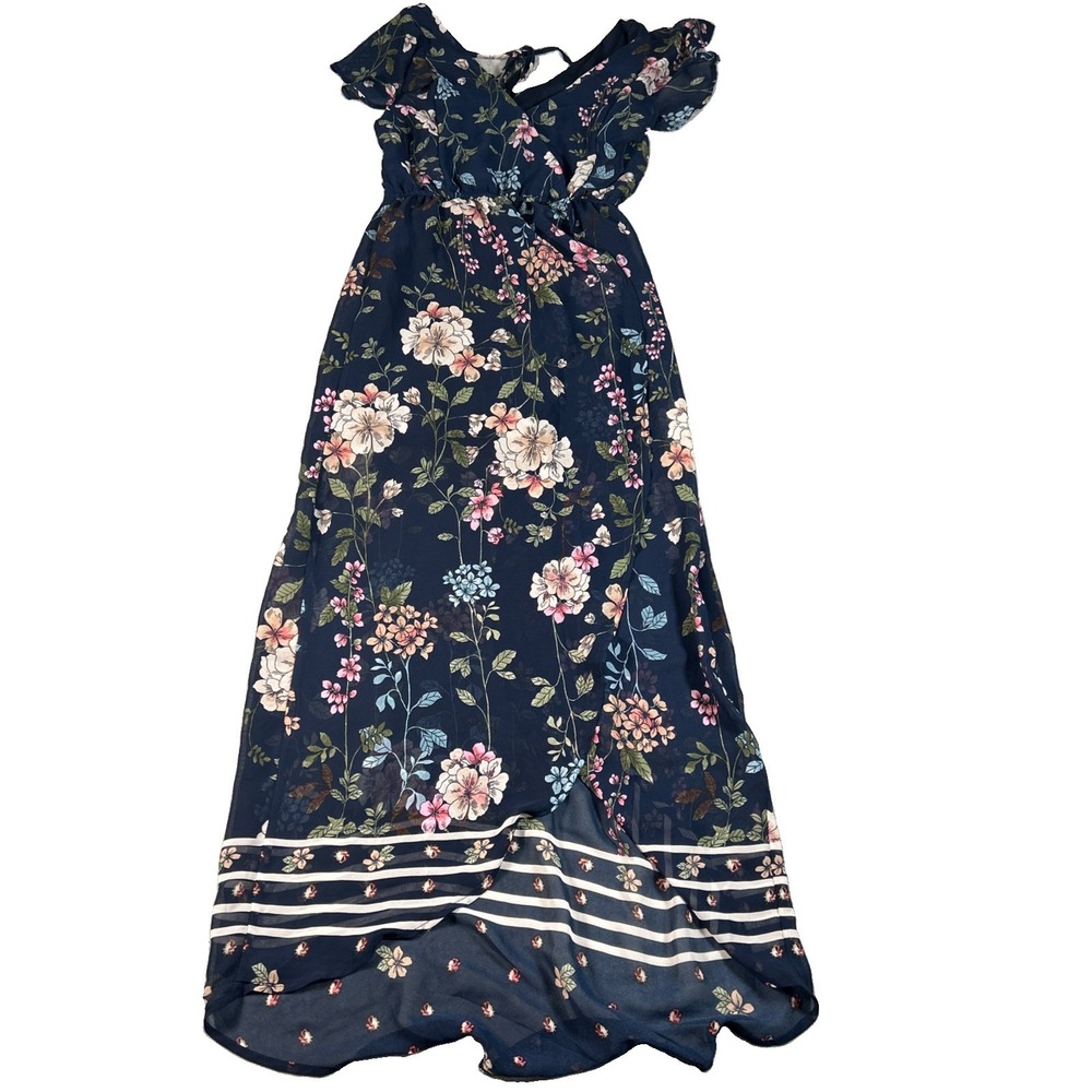 Maurices Women's Blue Floral Maxi Dress Size XS Flutter Sleeves Cottage Fairy
